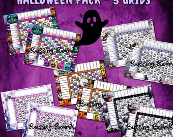 Paquete de cinco tableros de bingo de Halloween: 20 líneas (1 a 100 bolas), 5 PDF (mixtos y directos en 1 PDF), 8,5 x 11 pulgadas, imprimibles, tema espeluznante