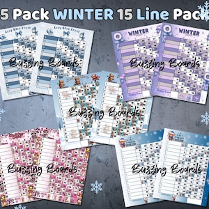 Lot de cinq planches de bingo hiver - 15 lignes (1-75 boules) 5 fichiers PDF (mixtes et droits) 23 x 11 po., pack de 15 joueurs imprimables sur le thème de l'hiver
