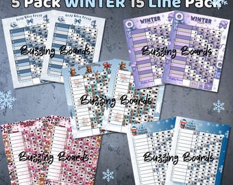 Paquete de cinco tableros de bingo de invierno: 15 líneas (1 a 75 bolas), 5 PDF (mixtos y directos), 8,5 x 11 pulgadas, paquete imprimible con temática de invierno para 15 jugadores
