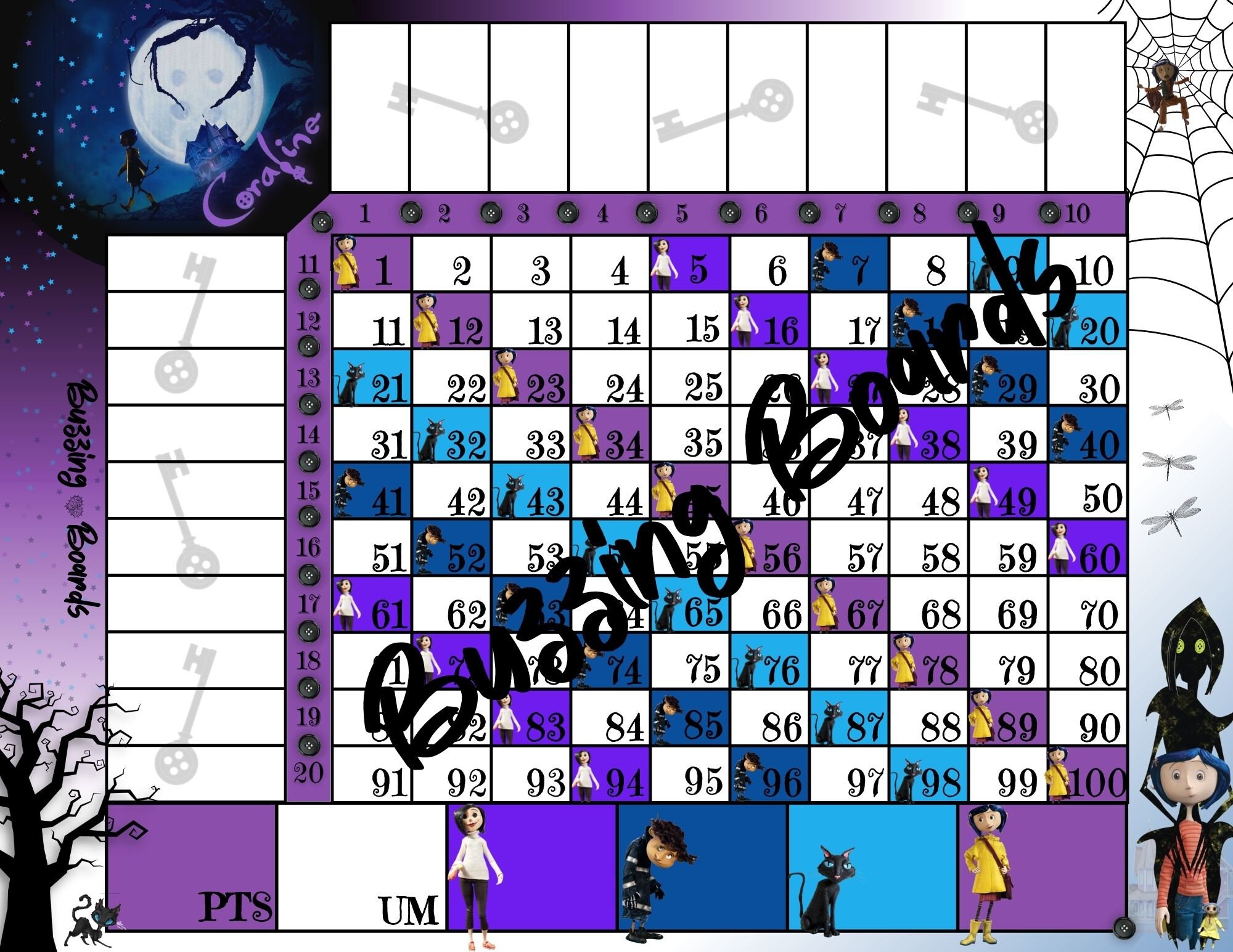 Coraline 10x10 Bingo Bingo Board, 20 players, 100 Ball, 2 PDF Files (Mixed and Straight, 11 x 8.5 inches, Landscape Printable, Full Color