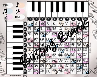 May include: A colorful chart with a piano keyboard and a grid of numbers from 1 to 100. The chart is titled "Buzzing Boards" and is designed to help learn piano keys.
