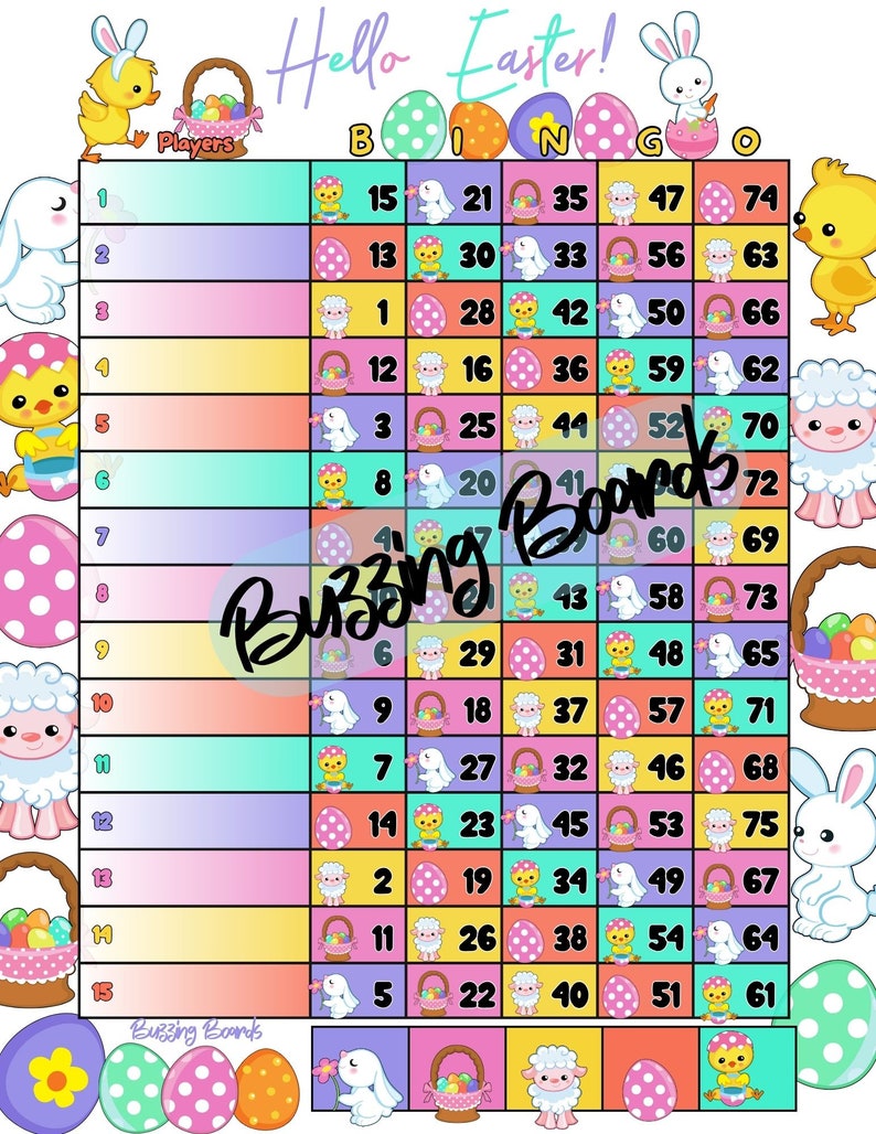 Five Easter Bingo Board Bundle 15 Lines 1-75 Balls 10 PDF mixed and straight 8.5 x 11 inches, Printable, Cute Easter Eggs Theme image 7