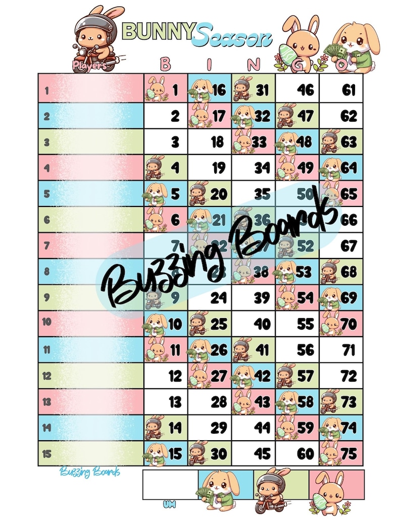 Five Easter Bingo Board Bundle 15 Lines 1-75 Balls 10 PDF mixed and straight 8.5 x 11 inches, Printable, Cute Easter Eggs Theme image 3