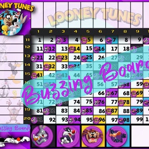 LooneyTunes Bingo Board, grille 10x10, 20 joueurs, 2 fichiers PDF (droits et mixtes), 11 x 8,5 pouces, paysage imprimable, couleur