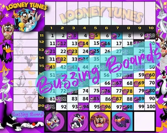 LooneyTunes Bingo Board, 10x10 Grid, 20 players, 2 PDF Files (Straight and Mixed), 11 x 8.5 inches, Landscape Printable, Full Color