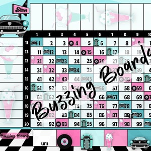 50&#39;s Diner Bingo Board, 10x10 Grid, 20 Spieler, 2 PDF Dateien (gerade und gemischt), 11 x 8,5 Zoll, Querformat, vollfarbig