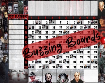 Tablero de bingo de los años 80, 10 x 10, 20 jugadores, 100 bolas, 2 archivos PDF (rectos y mixtos), 11 x 8,5 pulgadas, paisaje de Halloween, a todo color