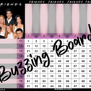 Friends Cuadrícula de 10x10, tablero de bingo, 20 jugadores, 1 archivo PDF, 11 x 8,5 pulgadas, imprimible en horizontal