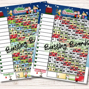 Peut inclure: Deux plateaux de jeu imprimables mettant en scène des personnages de la bande dessinée des Peanuts. Les plateaux sont intitulés "Un Noël de Charlie Brown" et présentent une palette de couleurs rouge, verte et blanche. Les plateaux sont conçus pour un jeu appelé "Buzzing Boards".
