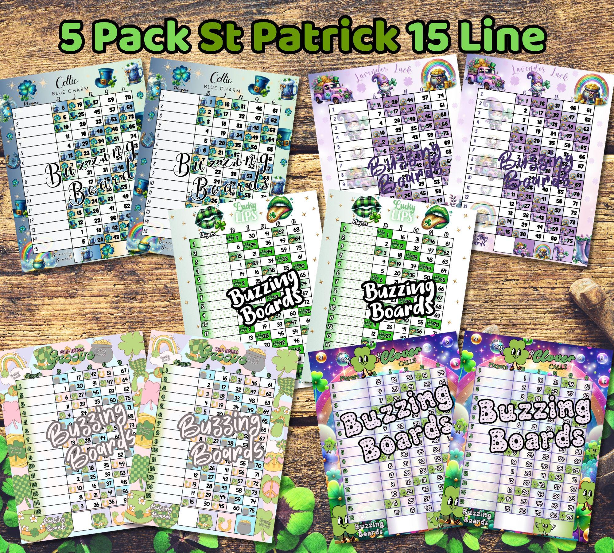 Paquete de cinco tableros de bingo para el Día de San Patricio: 15 líneas (1 a 75 bolas), 5 PDF (mixtos y directos), 8,5 x 11 pulgadas, imprimibles, temática del Día de San Patricio