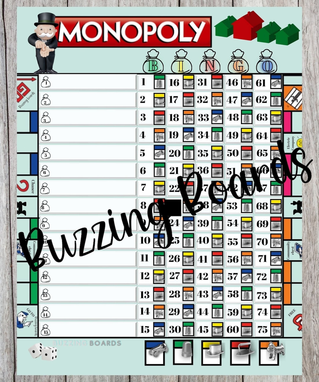 Monopoly Bingo Board, 2 Pdf's straight and Mixed , 8.5 X 11 Inches, 15