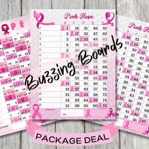 Tableros de bingo para concientización sobre el cáncer de mama, paquete, 3 PDF, tablero doble Hope, tamaño carta de 15 líneas rosadas (rectas y mixtas)