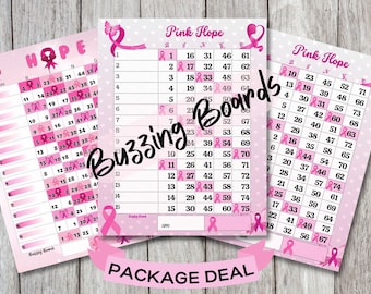 Tableros de bingo para concientización sobre el cáncer de mama, paquete, 3 PDF, tablero doble Hope, tamaño carta de 15 líneas rosadas (rectas y mixtas)