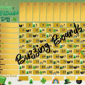 May include: A St. Patrick's Day themed bingo card with a green background and gold squares. The numbers 1 to 100 are printed in the squares. The card has a festive design with shamrocks, rainbows, and pots of gold.