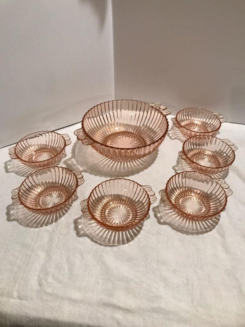 Vintage Pink Depression Glass Ice Cream Serving Set Queen Anne Etsy