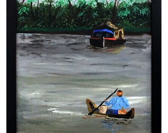 Boats On Godavari River India Framed Acrylic Landscape Painting On Linen Over Wood Panel