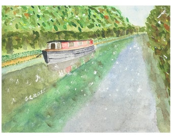 Watercolor Landscape Painting Of An Moored English Grand Canal Narrowboat In London Unframed 9 x 12 Coldpressed Paper Fast Free Shipping
