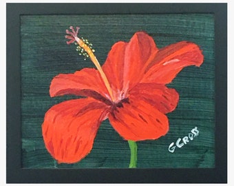 Red Hibiscus On Dark Green Unframed Acrylci Floral Painting On Linen Over Wood Panel Flower On Dark Green Series Fast Free Shipping