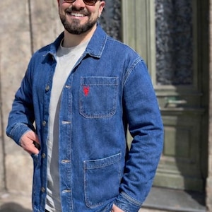 Men's denim work jacket, small lobster print, 2 side pockets, one chest pocket, straight cut, dropped shoulders
