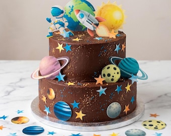 Pre cut wafer card Edible Space Cake Toppers: Planets, Stars, Rocket & Cosmonaut