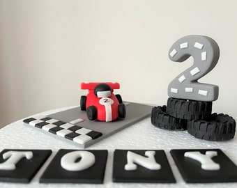 Racing car cake toppers. Edible personalized birthday fondant cake topper set. Handmade birthday decoration. Boy theme birthday cake decor.