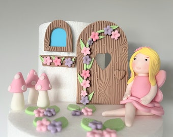 Fairy with garden fondant cake toppers set, birthday cake, Girl decorations, Fondant Fairy door, toadstools and flowers, Flower theme cake.