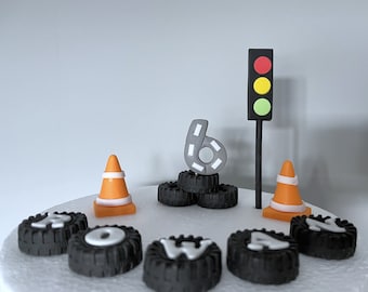 Personalised car theme cake topper set, Edible fondant car, traffic light, birthday boy decoration, Flames sugarpaste cake toppers