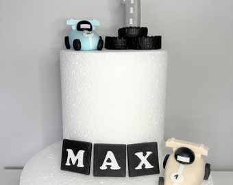 Racing car cake toppers set in neutral colours. Edible personalised birthday fondant cake decoration.  Handmade birthday boy decoration.