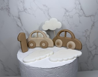 Baby Birthday Fondant Car Cake Toppers (2 Cars, Clouds, Custom Age)