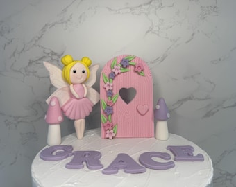 Personalized Pink Fairy Cake Toppers: Edible Fondant Door and Toadstools