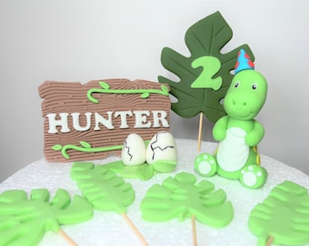 Personalised Dinosaur fondant cake topper set. Birthday cake decorations. Dinosaur party