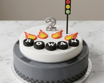Personalised edible car theme cake topper set with flames, traffic light. Fondant tires with name and age customization.