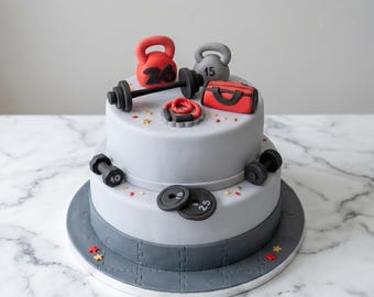 Adornos para tartas comestibles hechos a mano con temática de gimnasio, pesas, adornos para tartas de ejercicio y adornos para tartas de fitness.