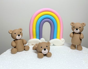 Teddy bears with rainbow edible cake toppers / birthday baby shower christening / fondant cake decoration