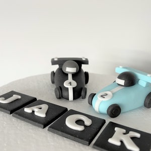 Racing car sugar paste cake toppers. Edible personalised fondant cake topper set. Handmade fondant birthday decoration. Boy birthday theme