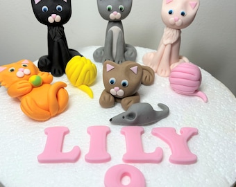 Kittens/Cats personalised fondant cake topper set. Cats cake topper.Edible fondant figures - birthday cake decoration