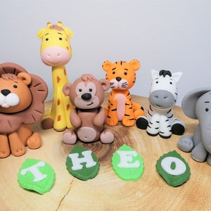 Baby safari cake topper fondant set. Cute jungle animals. Edible cake decorations for baby and kids birthday party.