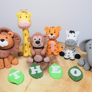 Baby Safari Cake Topper Fondant Set. Niedliche Dschungel Tiere. Essbare Tortendekoration für Baby- und Kindergeburtstag.