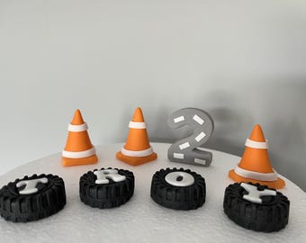 Personalised Cake Topper Set: Car Theme with Traffic Cones, Tyres, Flames