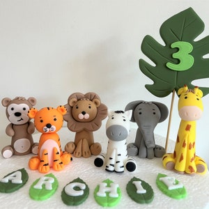 Safari Animals edible cake toppers. Personalised birthday sugarpaste topper set. Christening cake decoration