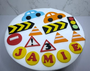 Edible cake topper set. Birthday cake decorations. Fondant road signs decorations