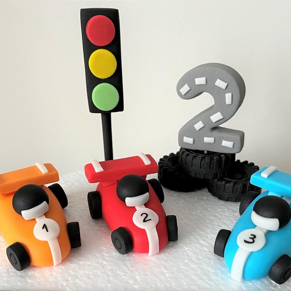 Racing car cake toppers set. Personalised edible fondant cake topper. Birthday cake topper. Boy birthday party.