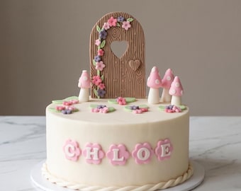 Edible Fairy - Personalised Garden Cake Topper Set - Fondant Flowers and Toadstools