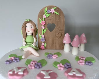 Personalised Fairy garden cake topper set, birthday girl cake decorations, Fondant Fairy door, toadstools and flowers