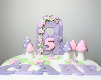 Edible fondant fairy cake topper, Fairy garden cake topper set, Fairy door and mushrooms, Cake topper for girl birthday party