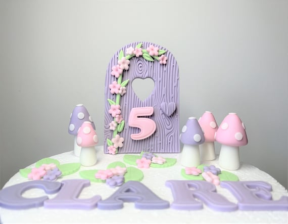 Edible fondant fairy cake topper, Fairy garden cake topper set, Fairy door and mushrooms, Cake topper for girl birthday party