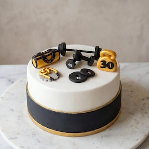 Fitness Cake Topper: Handgemachte goldene Gym Weights - Essbarer Fondant