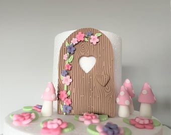 Fairy Garden Cake Decorations: Edible Fondant Set with door, mushrooms and flowers