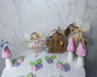 Fairy and Butterfly Wafer Cake Toppers, Fondant door, toadstools and flowers