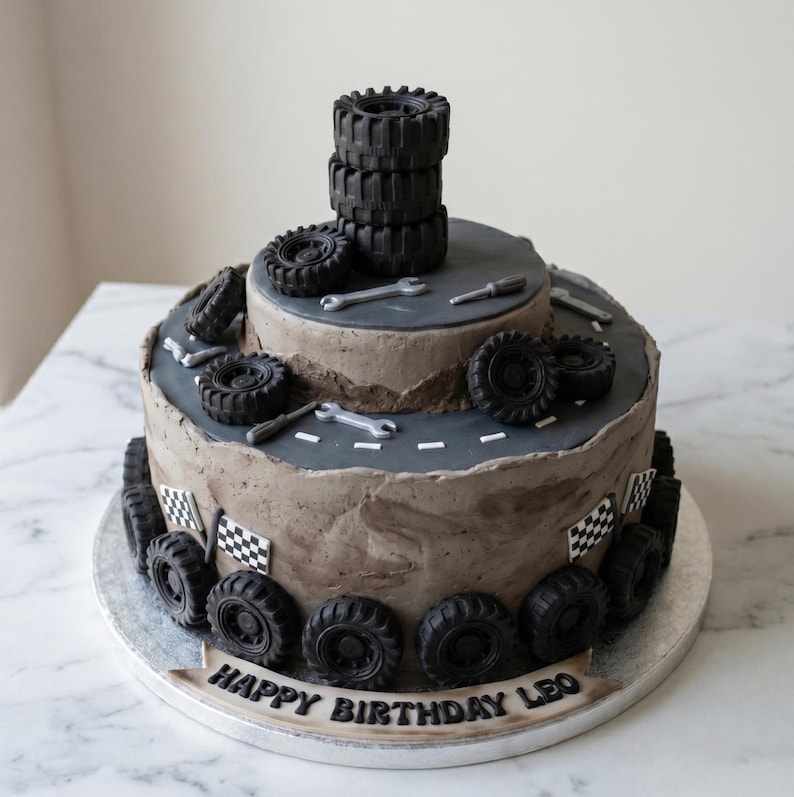 Puede incluir: Tarta de dos pisos decorada con tem&aacute;tica de coches de carreras. La tarta presenta neum&aacute;ticos negros, herramientas y banderas a cuadros. El piso superior tiene una pila de neum&aacute;ticos. El texto "HAPPY BIRTHDAY LEO" es visible.